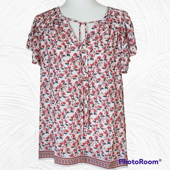 Max Studio Tops - Max Studio short flutter sleeve v-neck blouse red cream blue floral  size M